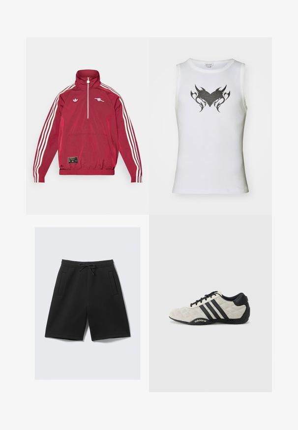 adidas Originals ARSENAL FC ICON HALFZIP JACKET - Article de supporter d'équipe de club - team burgundy; Haut sans manches blanc en coton avec un motif de cœur tribal noir au centre. Dispose d'un col rond et d'une texture côtelée.; Shorts de sport noirs fabriqués en tissu doux, dotés d'une taille élastique avec cordon de serrage et de deux poches avant. Texture lisse, coupe à hauteur des genoux.; Chaussure de sport Adidas avec un dessus texturé en gris clair et des accents en cuir noir. Présente un logo à trois bandes noires et une semelle rembourrée.
