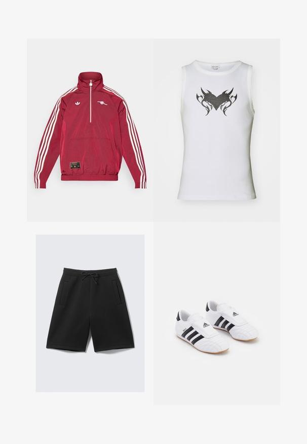 adidas Originals ARSENAL FC ICON HALFZIP JACKET - Fanartikel - team burgundy; Witte mouwloze top van katoen met een zwart tribaal hartontwerp in het midden. Heeft een ronde halslijn en ribbeltextuur.; Zwarte sportshorts van zachte stof, met een elastische tailleband en een trekkoord, en twee voorzakken. Soepele textuur, knielange snit.; Witte sport schoenen met zwarte strepen, met een suede-achtige textuur, een ronde neus en een klittenbandsluiting. Rubberen zool voor grip.