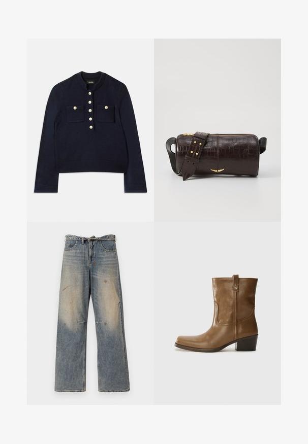 Brown puffer jacket with a hood, featuring a front zipper, two large front pockets, and a smooth matte texture. Brand logo on chest.; Navy blue sweater with a round neckline, long sleeves, and two chest pockets. Features gold buttons along the front for closure. Soft texture.; Long-sleeve, light beige top with a round neckline. Made of soft fabric, features a central seam and slightly curved hem. No visible hardware.; Light blue denim jeans with a loose, straight-leg design. Features whiskering, fading, and distressed details near knees. Classic five-pocket style.; Brown leather ankle boot with a square toe, textured finish, and a low stacked heel. Features a rear pull tab and subtle stitching details.; Brown crocodile-embossed leather bag with a cylindrical shape, gold-tone hardware, and a detachable strap featuring studs.