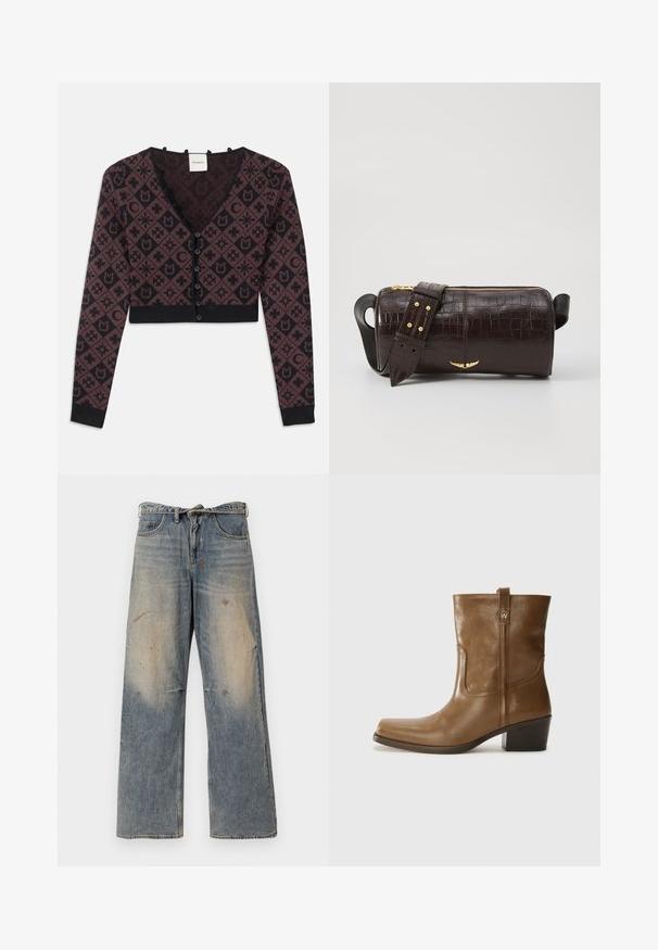 Barna puffermellény kapucnival, elülső cipzárral, két nagy elülső zsebével és sima matt felületével. Márkalogó a mellen.; Rövidített V-nyakú kardigán hosszú ujjal, fekete és sötétbarna geometrikus és virágmintával, elöl gombos záródással, bordázott mandzsettákkal és hemmel.; Hosszú ujjú, világos bézs blúz kerek nyakkivágással. Puha anyagból készült, középső varrással és enyhén ívelt szegéllyel rendelkezik. Nincs rajta látható fémrész.; Világoskék farmernadrág, laza, egyenes szabással. Serteszálas, kopott és szakadt részletek jellemzik a térd környékén. Klasszikus öt zsebes stílus.; Barna bőrből készült bokacsizma négyzet alakú orral, texturált felülettel és alacsony, rakott sarkával. Hátsó húzófüllel és finom varrási részletekkel rendelkezik.; Barna krokodilbőr hatású bőr táska henger alakú, arany tónusú fémveretekkel és lecsatolható, szegecsekkel díszített pánttal.