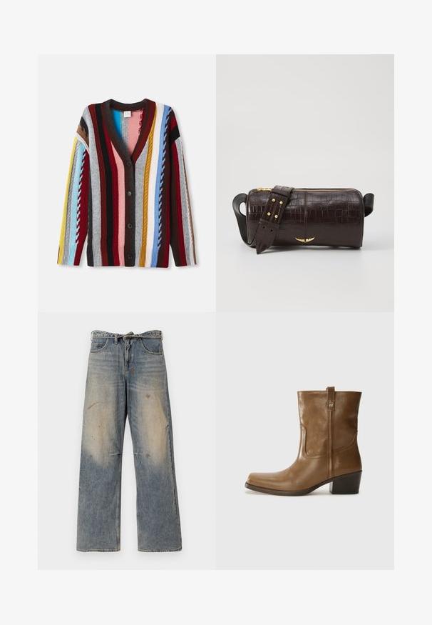 Ruske puffer jakna z kapuco, ki ima sprednji zadrgo, dva velika sprednja žepa in gladko mat teksturo. Logotip blagovne znamke na prsih.; Neulecardigan, jossa on V-pääntie, moniväriset raidat punaisena, sinisenä, keltaisena ja harmaana, viisi nappia ja ribbireunat.; Pitkähihainen, vaaleanbeige paita, jossa on pyöreä kaula-aukko. Valmistettu pehmeästä kankaasta, jossa on keskeinen sauma ja hieman kaareva helma. Ei näkyvää metalliosaa.; Vaaleansinisiä farkkuhousuja, joissa on löysä, suora lahje. Ominaisuuksiin kuuluvat kulutustiedot, haalistuminen ja kuluneet yksityiskohdat polvien lähellä. Klassinen viiden taskun tyyli.; Ruske nahkasaappaat nilkkamittaisella leikkauksella, neliönmuotoisella kärjellä, teksturoidulla pinnalla ja alhaisella pinottavalla korolla. Varustettu takana olevan vetotarran ja huomaamattomilla ompeleilla.; Ruskea krokotiilinkuosilla varustettu nahkalaukku, jossa on sylinterimäinen muoto, kultasävyiset yksityiskohdat ja irrotettava hihna, jossa on niittejä.