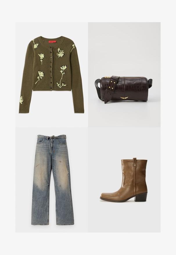 Barna puffermellény kapucnival, elülső cipzárral, két nagy elülső zsebével és sima matt felületével. Márkalogó a mellen.; Olívazöld kötött kardigán, világoszöld és fekete virágmotívummal, kerek nyakkal, hosszú ujjakkal és gombos elülső záródással.; Hosszú ujjú, világos bézs blúz kerek nyakkivágással. Puha anyagból készült, középső varrással és enyhén ívelt szegéllyel rendelkezik. Nincs rajta látható fémrész.; Világoskék farmernadrág, laza, egyenes szabással. Serteszálas, kopott és szakadt részletek jellemzik a térd környékén. Klasszikus öt zsebes stílus.; Barna bőrből készült bokacsizma négyzet alakú orral, texturált felülettel és alacsony, rakott sarkával. Hátsó húzófüllel és finom varrási részletekkel rendelkezik.; Barna krokodilbőr hatású bőr táska henger alakú, arany tónusú fémveretekkel és lecsatolható, szegecsekkel díszített pánttal.