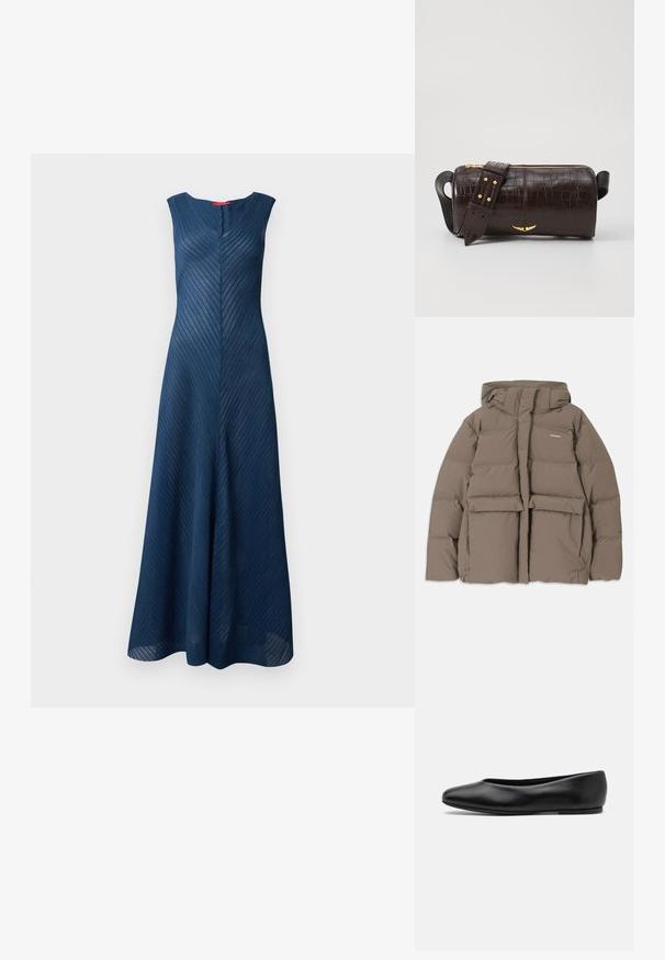 Rjava pihasta jakna s kapuco, ki ima sprednji zadrgo, dva velika sprednja žepa in gladko mat teksturo. Blagovna znamka je na prsih.; Dolga brezrokavna mornarsko modra obleka z teksturiranim vertikalnim pasom in V-izrezom, ki ima prilagojen kroj in se na dnu razširi.; Paul Smith TOPANGA - Balerinke - black; Brah blaženka iz rjavega usnja z embosiranim krokodilom, cilindrične oblike, zlatih kovinskih elementov in odstranljivim pasom, ki vsebuje žebljičke.