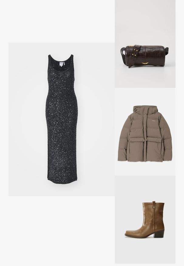 Veste en duvet marron avec capuche, dotée d'une fermeture éclair sur le devant, de deux grandes poches avant et d'une texture mate lisse. Logo de la marque sur la poitrine.; Une robe maxi sans manches noire en tissu texturé avec un effet scintillant, dotée d'un col rond et d'une silhouette moulante.; Bottine en cuir marron avec un orteil carré, une finition texturée et un petit talon empilé. Présente une languette à l'arrière et des détails de couture subtils.; Sac en cuir embossé crocodile marron avec une forme cylindrique, quincaillerie dorée et une bandoulière détachable ornée de clous.