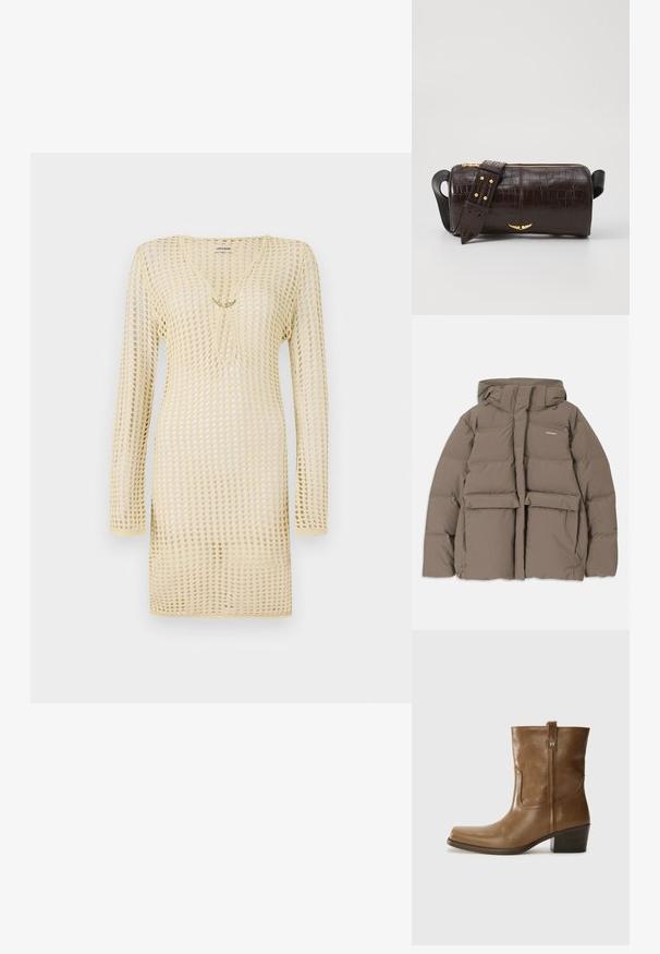 pruun puffer-jakk, millel on kapuuts, esi tõmblukk, kaks suurt eesmist taskut ja sile mati tekstuur. Brändi logo rinnal.; Kootud kleit helesinises, mis sisaldab võrkpinda, pikkade varrukatega, sügava dekolteega ja ees dekoratiivse ketiga.; Pruun nahkne ankle boot ruudukujulise varbaga, tekstuuriga viimistluse ja madala virnastatud kontsaga. Sisaldab taga tõmbeaasat ja peeneid õmbluse detaile.; Pruunist krokodillimustrist nahast kott, millel on silindri kuju, kuldse tooni metalldetailid ja eemaldatav rihm, kus on nupud.