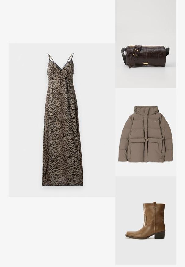 Veste en duvet marron avec capuche, dotée d'une fermeture éclair sur le devant, de deux grandes poches avant et d'une texture mate lisse. Logo de la marque sur la poitrine.; Robe maxi en imprimé léopard avec des bretelles fines, décolleté en V, design fluide, tissu translucide, tons terreux de marron et noir, et ourlet droit.; Bottine en cuir marron avec un orteil carré, une finition texturée et un petit talon empilé. Présente une languette à l'arrière et des détails de couture subtils.; Sac en cuir embossé crocodile marron avec une forme cylindrique, quincaillerie dorée et une bandoulière détachable ornée de clous.
