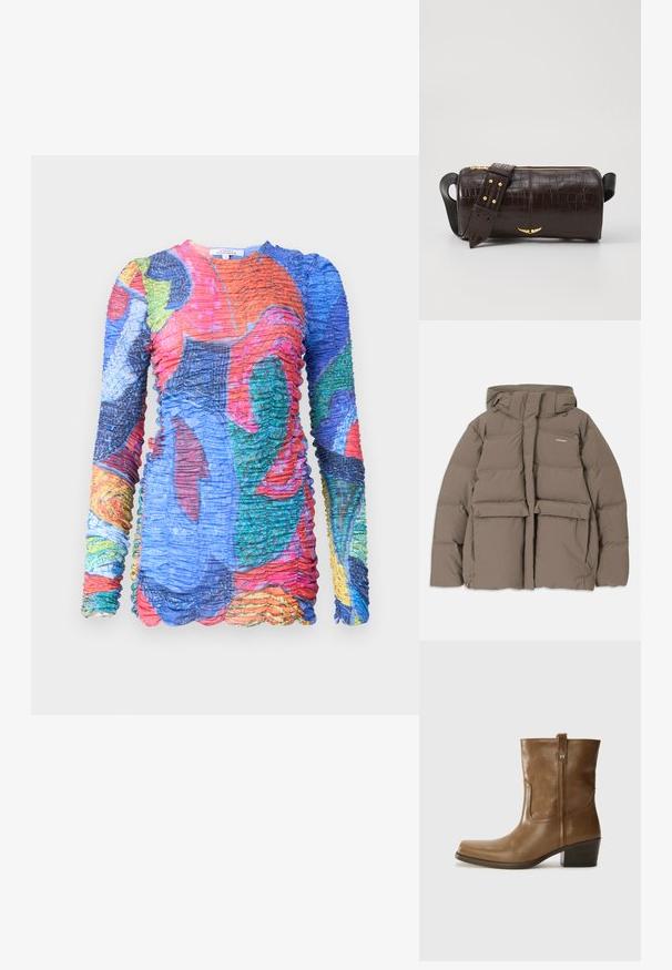 Bruine pufferjack met capuchon, voorzien van een ritssluiting aan de voorkant, twee grote voorzakken en een gladde matte textuur. Merklogo op de borst.; Meerkleurige jurk met lange mouwen en een geplooide textuur. Bevat levendige patronen in blauw, rood, groen en gele tinten. Golvende zoomdetail.; Bruine lederen enkelboot met een vierkante neus, gestructureerde afwerking en een lage blokhak. Voorzien van een handige achterste lus en subtiele stikdetails.; Bruine krokodil-embosserende leren tas met een cilindervorm, gouden hardware en een afneembare schouderband met studs.