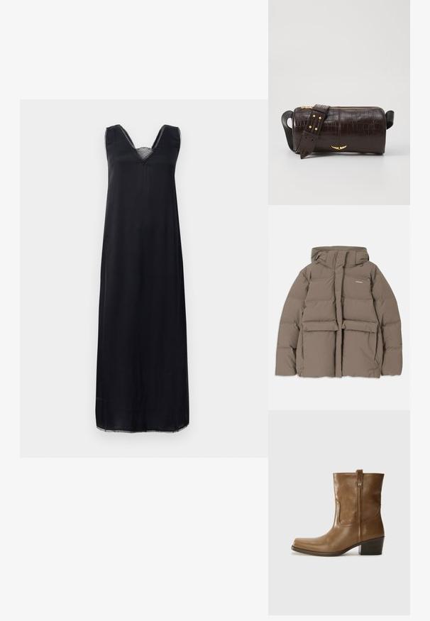 Brązowa kurtka puchowa z kapturem, z przednim zamkiem błyskawicznym, dwiema dużymi kieszeniami z przodu oraz gładką matową powierzchnią. Logo marki na klatce piersiowej.; Czarna sukienka bez rękawów z dekoltem w kształcie litery V, ozdobiona koronkowym wykończeniem przy szyi, o luźnym kroju sięgającym do połowy łydki.; Brązowy skórzany botek za kostkę z kwadratowym noskiem, teksturowanym wykończeniem i niskim, zakrytym obcasem. Posiada tylną pętelkę do zakładania oraz subtelne detale przeszycia.; Brązowa torba ze skóry z tłoczeniem krokodyla w kształcie cylindrycznym, z metalowymi elementami w kolorze złotym oraz odczepianym paskiem z ćwiekami.