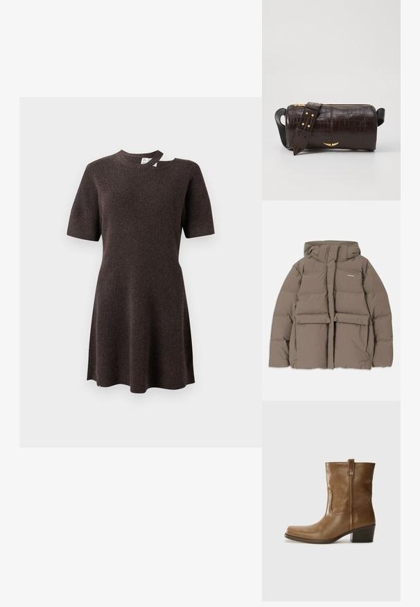 Brūna pūkainā jaka ar kapuci, ar priekšējo rāvējslēdzēju, divām lielām priekšējām kabatām un gludu matētu tekstūru. Zīmola logo uz krūškurvja.; Tumši brūns ribots kleita ar īsām piedurknēm, apaļu kakla izmēru un unikālu atvērumu uz pleca. Mīksta, strukturēta auduma.; Brūnas ādas potītes zābaki ar kvadrātveida degunu, struktūru apdari un zemu sakrautu papēdi. Ir aizmugurējais cilpiņu un smalkas šūšanas detaļas.; Brūna krokodila ādas soma ar cilindrisku formu, zelta toni aparatūru un noņemamu siksnu ar studiem.