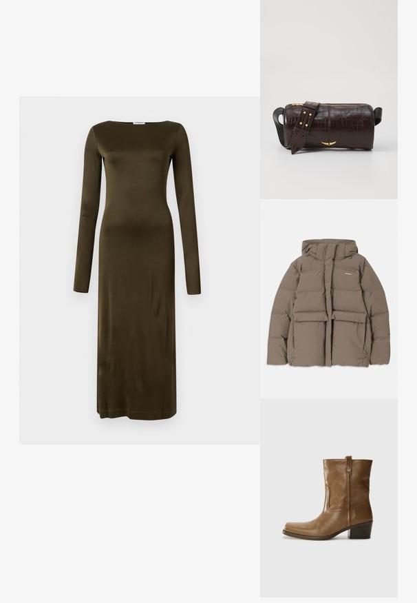 Brūna pūkainā jaka ar kapuci, ar priekšējo rāvējslēdzēju, divām lielām priekšējām kabatām un gludu matētu tekstūru. Zīmola logo uz krūškurvja.; Ilgi piedurkņu kleita, kas izgatavota no gludas olīvkrāsas auduma, ar taisnu siluetu un laivu formas dekoltē. Minimalistisks dizains bez rakstiem.; Brūnas ādas potītes zābaki ar kvadrātveida degunu, struktūru apdari un zemu sakrautu papēdi. Ir aizmugurējais cilpiņu un smalkas šūšanas detaļas.; Brūna krokodila ādas soma ar cilindrisku formu, zelta toni aparatūru un noņemamu siksnu ar studiem.