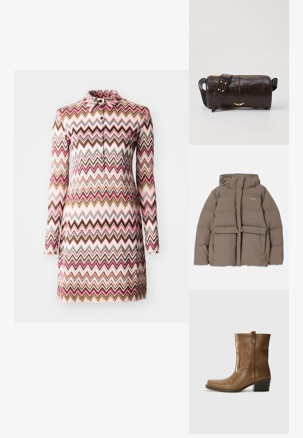 Hnědá pufovaná bunda s kapucí, se zipem vpředu, dvěma velkými předními kapsami a hladkým matným povrchem. Logo značky na hrudi.; Šaty s límečkem, které mají barevný cik-cak vzor v odstínech růžové, hnědé a krémové, s dlouhými rukávy a zapínáním na knoflíky.; Hnědé kožené kotníkové boty se čtveratou špičkou, texturovaným povrchem a nízkým zvýšeným podpatkem. Mají zadní poutko na obouvání a jemné prošívání.; Hnědá kabelka z krokodýlí kůže s embosováním, cylindrického tvaru, se zlacenými kovovými prvky a odnímatelným popruhem se hroty.