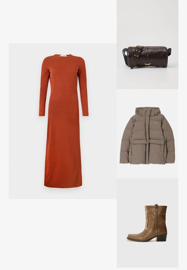 Bruine pufferjack met capuchon, voorzien van een ritssluiting aan de voorkant, twee grote voorzakken en een gladde matte textuur. Merklogo op de borst.; Langdurige mouw, roestkleurige jurk gemaakt van zachte, gestructureerde stof met een ronde halslijn en een rechte snit, die tot aan de enkels reikt.; Bruine lederen enkelboot met een vierkante neus, gestructureerde afwerking en een lage blokhak. Voorzien van een handige achterste lus en subtiele stikdetails.; Bruine krokodil-embosserende leren tas met een cilindervorm, gouden hardware en een afneembare schouderband met studs.