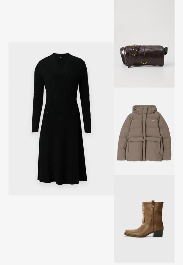 pruun puffer-jakk, millel on kapuuts, esi tõmblukk, kaks suurt eesmist taskut ja sile mati tekstuur. Brändi logo rinnal.; Musterniga must õlavarre V-kaelusega, pikad varrukad, ribapits ja kaks nuppudega esiposti taskut. Laienev seelik ja pehme tekstuur.; Pruun nahkne ankle boot ruudukujulise varbaga, tekstuuriga viimistluse ja madala virnastatud kontsaga. Sisaldab taga tõmbeaasat ja peeneid õmbluse detaile.; Pruunist krokodillimustrist nahast kott, millel on silindri kuju, kuldse tooni metalldetailid ja eemaldatav rihm, kus on nupud.