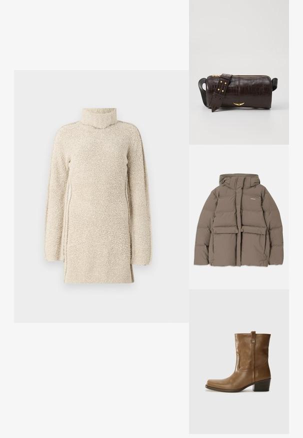 Giacca a vento marrone con cappuccio, dotata di una cerniera frontale, due grandi tasche anteriori e una texture opaca liscia. Logo del brand sul petto.; Tunic beige soffice con collo alto e maniche lunghe. Presenta una superficie texturizzata e aperture laterali per facilitare il movimento.; Stivale alla caviglia in pelle marrone con punta quadrata, finitura testurizzata e tacco basso incassato. Dotato di un pratico tassello posteriore e dettagli di cucitura sottili.; Borsa in pelle stampata a coccodrillo marrone con forma cilindrica, accessori in tonalità oro e una tracolla staccabile con borchie.