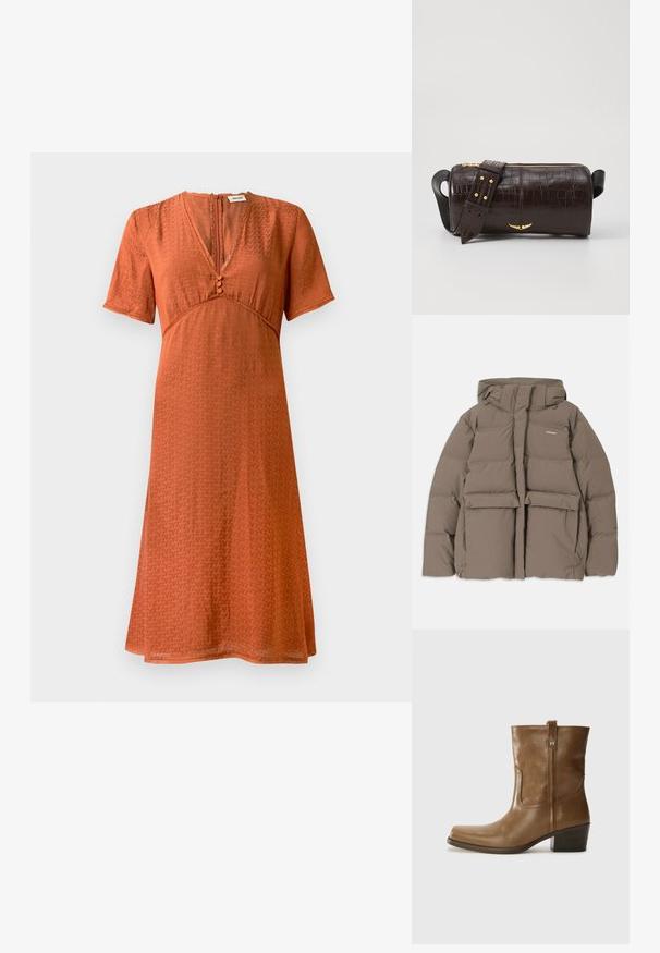 Hnedá púšťačka s kapucňou, s predným zipsom, dvoma veľkými prednými vreckami a hladkou matnou textúrou. Logo značky na hrudi.; Kratké šaty s krátkym rukávom v rustikálnej farbe s textúrovaným vzorom. Obsahujú výstrih do V a gombíkový uzáver vpredu, voľný A-línový strih.; Hnedé kožené členkové topánky so štvorcovou špičkou, textúrovaným povrchom a nízkym vrstveným podpätkom. Obsahujú zadný úchyt a diskrétne prešívanie.; Hnedá taška z kože s embosovaným vzorom krokodíla, cylindrického tvaru, so zlatými hardvérovými doplnkami a odnímateľným popruhom so štítkami.