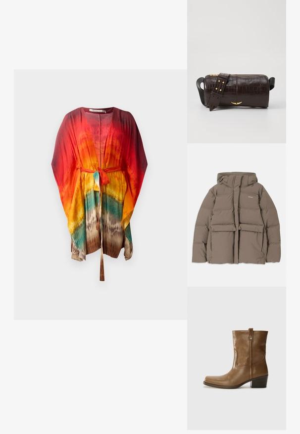 Hnědá pufovaná bunda s kapucí, se zipem vpředu, dvěma velkými předními kapsami a hladkým matným povrchem. Logo značky na hrudi.; Lehký, barevný kimono s uvazovacími pásky. Obsahuje živé přechody červené, oranžové, žluté a tyrkysové barvy. Měkká, plynulá látka.; Hnědé kožené kotníkové boty se čtveratou špičkou, texturovaným povrchem a nízkým zvýšeným podpatkem. Mají zadní poutko na obouvání a jemné prošívání.; Hnědá kabelka z krokodýlí kůže s embosováním, cylindrického tvaru, se zlacenými kovovými prvky a odnímatelným popruhem se hroty.