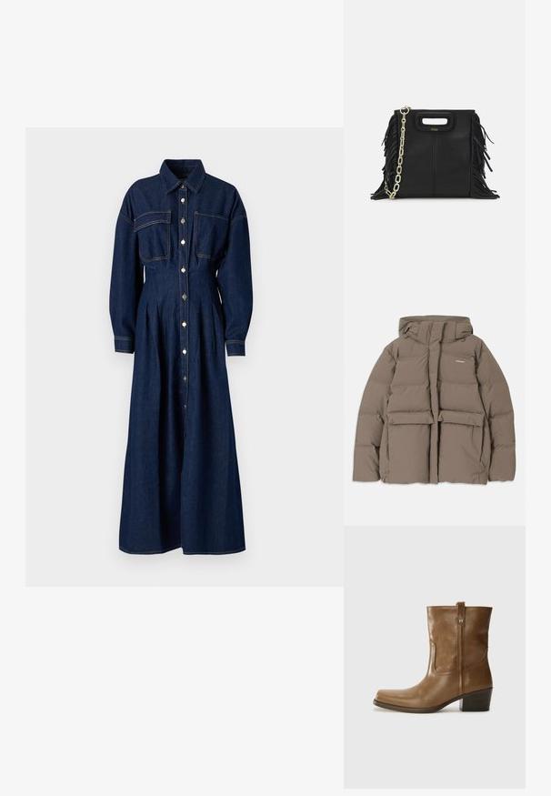 Brūna pūkainā jaka ar kapuci, ar priekšējo rāvējslēdzēju, divām lielām priekšējām kabatām un gludu matētu tekstūru. Zīmola logo uz krūškurvja.; FRAME THE NIPPED DRESS - Džinsa auduma kleita - dark blue denim; Brūnas ādas potītes zābaki ar kvadrātveida degunu, struktūru apdari un zemu sakrautu papēdi. Ir aizmugurējais cilpiņu un smalkas šūšanas detaļas.; Melna ādas rokassoma ar frizūras detaļām, zelta ķēdes plecu siksnu un izgrieztu rokturi. Ir logotipa novietojums priekšpusē.