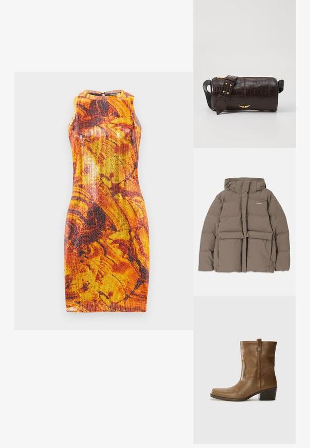Brun puffjacka med huva, med dragkedja framtill, två stora frontfickor och en slät matt yta. Varumärkeslogotyp på bröstet.; Tajt klänning utan ärmar i livfullt orange och gult med abstrakta mörka mönster; texturerad stoff; rund halsringning med dragkedjedetalj bak.; Brun läderankelsk boot med fyrkantig tå, texturerad yta och låg staplad klack. Har en bakre dragflik och subtila sömnadsdetaljer.; Brun kroko präglat läderväska med cylindrisk form, guldfärgad hårdvara och ett avtagbart band med nitar.