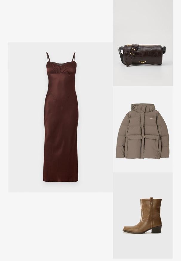 Brązowa kurtka puchowa z kapturem, z przednim zamkiem błyskawicznym, dwiema dużymi kieszeniami z przodu oraz gładką matową powierzchnią. Logo marki na klatce piersiowej.; Sukienka midi z satyny w ciemnobrązowym kolorze z cienkimi, regulowanymi ramiączkami, dopasowanym górą, marszczeniami na biuście i gładką fakturą.; Brązowy skórzany botek za kostkę z kwadratowym noskiem, teksturowanym wykończeniem i niskim, zakrytym obcasem. Posiada tylną pętelkę do zakładania oraz subtelne detale przeszycia.; Brązowa torba ze skóry z tłoczeniem krokodyla w kształcie cylindrycznym, z metalowymi elementami w kolorze złotym oraz odczepianym paskiem z ćwiekami.