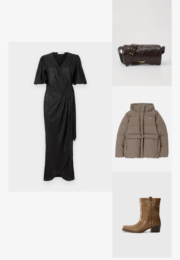 Jachetă puf cu glugă de culoare maro, cu fermoar frontal, două buzunare mari în față și o textură mată fină. Logo-ul brandului pe piept.; Rochie neagră cu mâneci scurte, bufante, dintr-un material texturat cu un ușor luciu și detaliu la talie legat, care se extinde până la glezne.; Botine din piele maro, cu vârf pătrat, finisaj texturat și toc mic, îngrămădit. Prezentă un tab de tragere la spate și detalii subtile de coasere.; Geantă din piele căptușită cu un model de crocodil de culoare maro, cu o formă cilindrică, accesorii de culoare aurie și un curea detasabilă cu tăieturi.