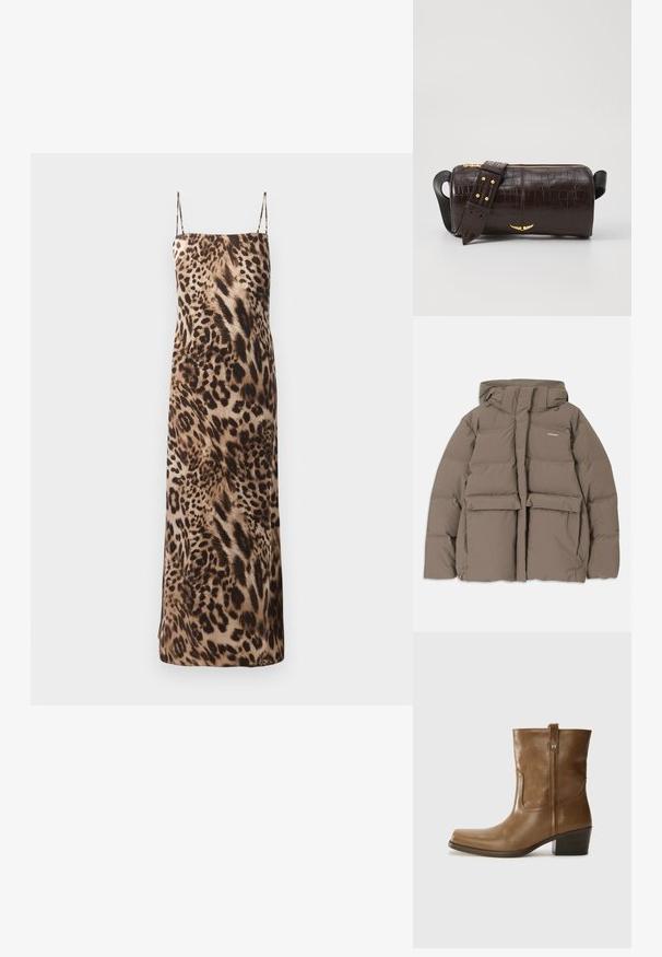 Veste en duvet marron avec capuche, dotée d'une fermeture éclair sur le devant, de deux grandes poches avant et d'une texture mate lisse. Logo de la marque sur la poitrine.; Robe maxi sans manches à imprimé léopard avec des fines bretelles, texture douce et silhouette fluide dans des tons marron et crème.; Bottine en cuir marron avec un orteil carré, une finition texturée et un petit talon empilé. Présente une languette à l'arrière et des détails de couture subtils.; Sac en cuir embossé crocodile marron avec une forme cylindrique, quincaillerie dorée et une bandoulière détachable ornée de clous.