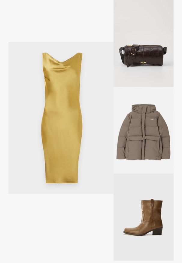 Rjava pihasta jakna s kapuco, ki ima sprednji zadrgo, dva velika sprednja žepa in gladko mat teksturo. Blagovna znamka je na prsih.; Rumena satenasta obleka z raztegnjenim ovratnikom, oprijet kroj, do kolen sega in gladka tekstura. Brez vidnih vzorcev ali poudarkov.; Rjave usnjene gležnjarje s kvadratnim nosom, teksturirano površino in nizko kvadratno peto. Imajo zadnji trak za enostavno obuvanje in subtilne šivane detajle.; Brah blaženka iz rjavega usnja z embosiranim krokodilom, cilindrične oblike, zlatih kovinskih elementov in odstranljivim pasom, ki vsebuje žebljičke.