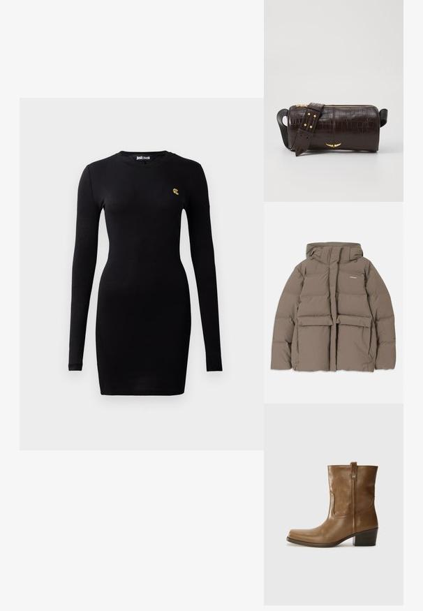 Brūna pūkainā jaka ar kapuci, ar priekšējo rāvējslēdzēju, divām lielām priekšējām kabatām un gludu matētu tekstūru. Zīmola logo uz krūškurvja.; Melna garām piedurknēm kleita, izgatavota no mīksta kokvilnas materiāla. Tam ir pieguļošs izskats un mazs zelta logs krūtīs.; Brūnas ādas potītes zābaki ar kvadrātveida degunu, struktūru apdari un zemu sakrautu papēdi. Ir aizmugurējais cilpiņu un smalkas šūšanas detaļas.; Brūna krokodila ādas soma ar cilindrisku formu, zelta toni aparatūru un noņemamu siksnu ar studiem.