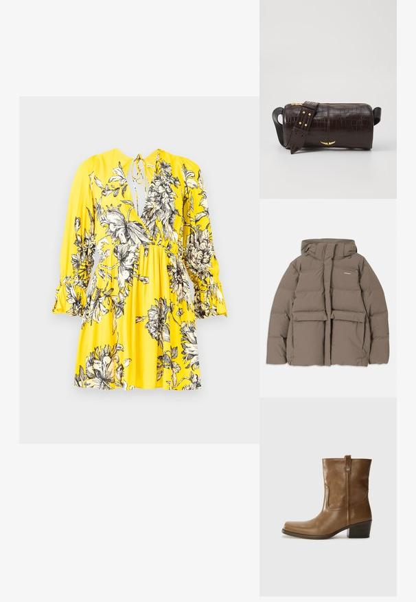 Bruine pufferjack met capuchon, voorzien van een ritssluiting aan de voorkant, twee grote voorzakken en een gladde matte textuur. Merklogo op de borst.; Geel bloemenjurk met een diepe V-hals en lange mouwen. Heeft zwarte omlijningen van grote bloemen en een strikdetail in de taille. Zachte stof textuur.; Bruine lederen enkelboot met een vierkante neus, gestructureerde afwerking en een lage blokhak. Voorzien van een handige achterste lus en subtiele stikdetails.; Bruine krokodil-embosserende leren tas met een cilindervorm, gouden hardware en een afneembare schouderband met studs.