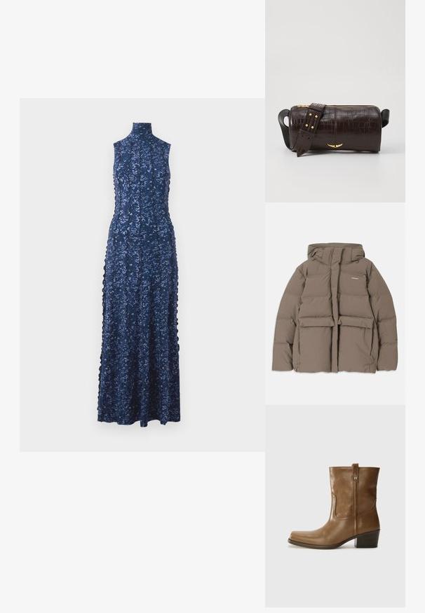 Hnědá pufovaná bunda s kapucí, se zipem vpředu, dvěma velkými předními kapsami a hladkým matným povrchem. Logo značky na hrudi.; Tyrkysově modré dlouhé šaty bez rukávů s vysokým límcem, zdobené květinovou krajkou a vlnitými okraji po stranách.; Hnědé kožené kotníkové boty se čtveratou špičkou, texturovaným povrchem a nízkým zvýšeným podpatkem. Mají zadní poutko na obouvání a jemné prošívání.; Hnědá kabelka z krokodýlí kůže s embosováním, cylindrického tvaru, se zlacenými kovovými prvky a odnímatelným popruhem se hroty.