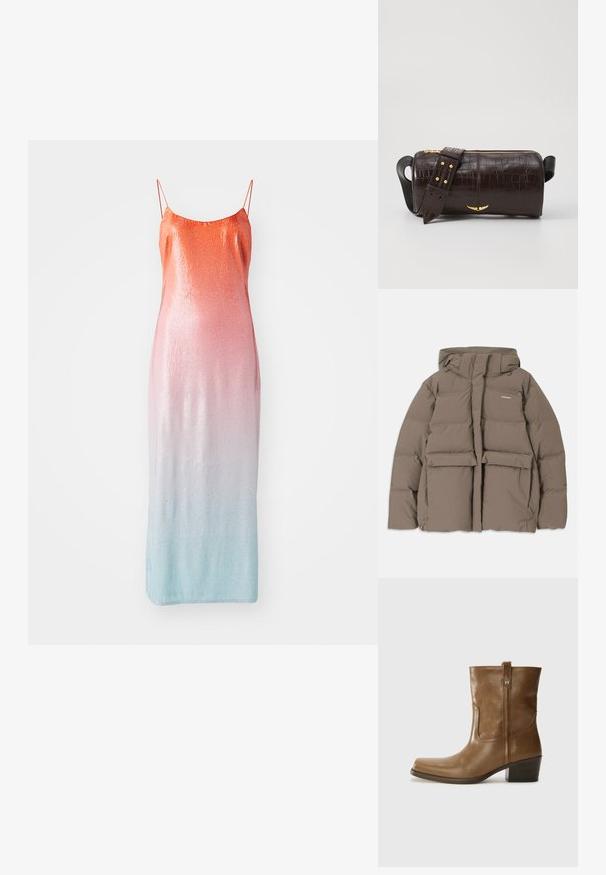 Hnedá púšťačka s kapucňou, s predným zipsom, dvoma veľkými prednými vreckami a hladkou matnou textúrou. Logo značky na hrudi.; Šaty bez rukávov ozdobené flitrami s prechodom farieb od oranžovej cez ružovú po svetlomodrú. Majú tenké nastaviteľné ramienka a priliehavý strih.; Hnedé kožené členkové topánky so štvorcovou špičkou, textúrovaným povrchom a nízkym vrstveným podpätkom. Obsahujú zadný úchyt a diskrétne prešívanie.; Hnedá taška z kože s embosovaným vzorom krokodíla, cylindrického tvaru, so zlatými hardvérovými doplnkami a odnímateľným popruhom so štítkami.
