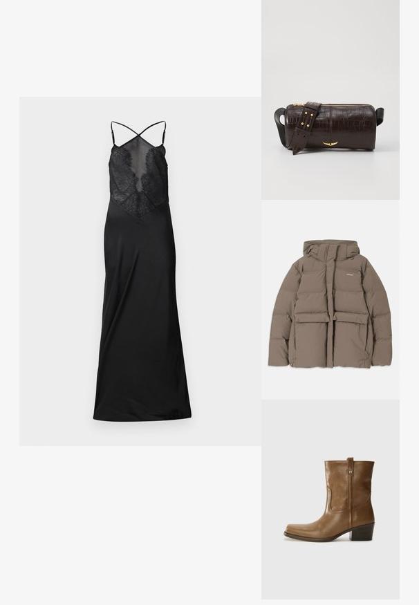 Rjava pihasta jakna s kapuco, ki ima sprednji zadrgo, dva velika sprednja žepa in gladko mat teksturo. Blagovna znamka je na prsih.; Črna obleka z oprijetim čipkastim korzetom, nastavljivimi križno prepletenimi naramnicami in padajočo satensko krilo. Ima gladko teksturo in eleganten dizajn.; Rjave usnjene gležnjarje s kvadratnim nosom, teksturirano površino in nizko kvadratno peto. Imajo zadnji trak za enostavno obuvanje in subtilne šivane detajle.; Brah blaženka iz rjavega usnja z embosiranim krokodilom, cilindrične oblike, zlatih kovinskih elementov in odstranljivim pasom, ki vsebuje žebljičke.