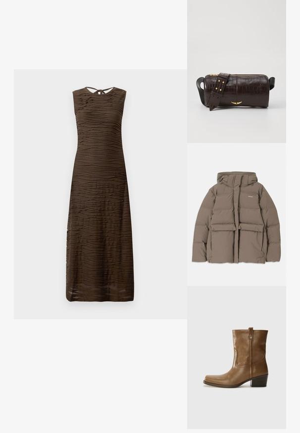Barna puffermellény kapucnival, elülső cipzárral, két nagy elülső zsebével és sima matt felületével. Márkalogó a mellen.; Ujjatlan, sötétbarna maxi ruha, melynek texturált, hullámos vízszintes csíkjai vannak, és egy kis kulcslyukas megkötő záródás található a hátsó nyakrészen.; Barna bőrből készült bokacsizma négyzet alakú orral, texturált felülettel és alacsony, rakott sarkával. Hátsó húzófüllel és finom varrási részletekkel rendelkezik.; Barna krokodilbőr hatású bőr táska henger alakú, arany tónusú fémveretekkel és lecsatolható, szegecsekkel díszített pánttal.