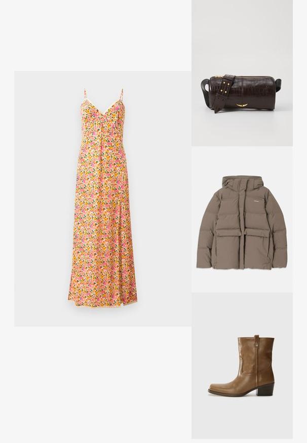 Jachetă puf cu glugă de culoare maro, cu fermoar frontal, două buzunare mari în față și o textură mată fină. Logo-ul brandului pe piept.; Rochie maxi florală cu bretele subțiri, având un model în nuanțe de roz, portocaliu și verde. Material ușor, cu un design fluid și decolteu în V.; Botine din piele maro, cu vârf pătrat, finisaj texturat și toc mic, îngrămădit. Prezentă un tab de tragere la spate și detalii subtile de coasere.; Geantă din piele căptușită cu un model de crocodil de culoare maro, cu o formă cilindrică, accesorii de culoare aurie și un curea detasabilă cu tăieturi.