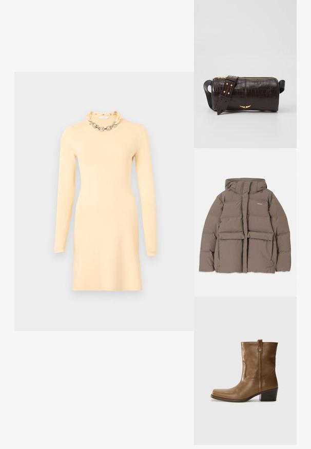 Rjava pihasta jakna s kapuco, ki ima sprednji zadrgo, dva velika sprednja žepa in gladko mat teksturo. Blagovna znamka je na prsih.; Rabanne Enostavna obleka - cream; Rjave usnjene gležnjarje s kvadratnim nosom, teksturirano površino in nizko kvadratno peto. Imajo zadnji trak za enostavno obuvanje in subtilne šivane detajle.; Brah blaženka iz rjavega usnja z embosiranim krokodilom, cilindrične oblike, zlatih kovinskih elementov in odstranljivim pasom, ki vsebuje žebljičke.