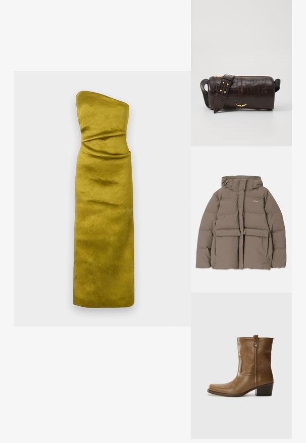 Smeđa puffer jakna s kapuljačom, koja ima prednji patent zatvarač, dva velika prednja džepa i glatku mat teksturu. Logotip brenda na prsima.; Haljina bez naramenica, uskog kroja u senfu žutoj boji s glatkom, malo teksturiranom tkaninom. Ima suptilno nabiranje za definiciju oblika.; Smeđa kožna cipela do gležnja sa četvrtastim vrhom, teksturiranim finišem i niskim složenim potpeticom. Ima stražnju petlju za navlačenje i suptilne detalje šivanja.; Smeđa torba od kože s embosiranim krokodilskim uzorkom, cilindričnog oblika, zlatne hardverske detalje i odvojivu naramenicu sa čavlima.