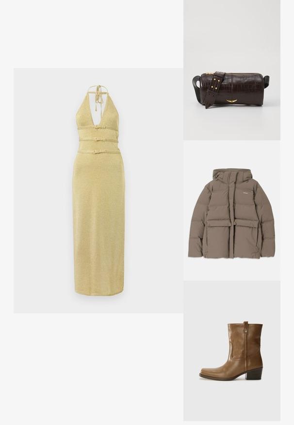 Brun oppustelig jakke med hætte, der har en frontlynlås, to store frontlommer og en glat, mat tekstur. Brandlogo på brystet.; Guld halterneck-kjole med dyb V-udskæring, bælted talje og lige silhuet. Lavet af et glitrende stof med en glat tekstur.; Brun læder ankelstøvle med firkantet tå, tekstureret overflade og en lav stablet hæl. Har en bageste hælflap og subtile syningsdetaljer.; Brun krokodilleder taske med cylindrisk form, hardware i guld-tone, og en aftagelig rem med nitter.