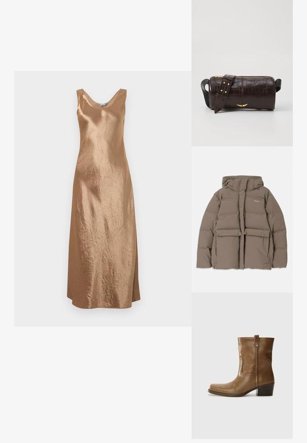 Rudas pūkinis švarkas su gaubtu, su priekiniais užtrauktukais, dviem didelėm priekinėm kišenėm ir lygiu matinio paviršiaus apdailu. Prekės ženklas ant krūtinės.; Bronzinė satino midi suknelė be rankovių, su apvalia iškirpte ir šoniniu įpjovimu, pasižyminti subtiliu tekstūruotu paviršiumi.; Rudų odinių batų iki kulkšnies su kvadratiniu pirštu, tekstūruotu paviršiumi ir žemu sluoksniuota pakulne. Yra užpakalinis kilpas ir subtilūs siuvinėjimo detalės.; Ruda krokodilo odspaudo odinė rankinė cilindro formos, su auksinėmis detalėmis ir nuimamu dirželiu, papuoštu studelėmis.