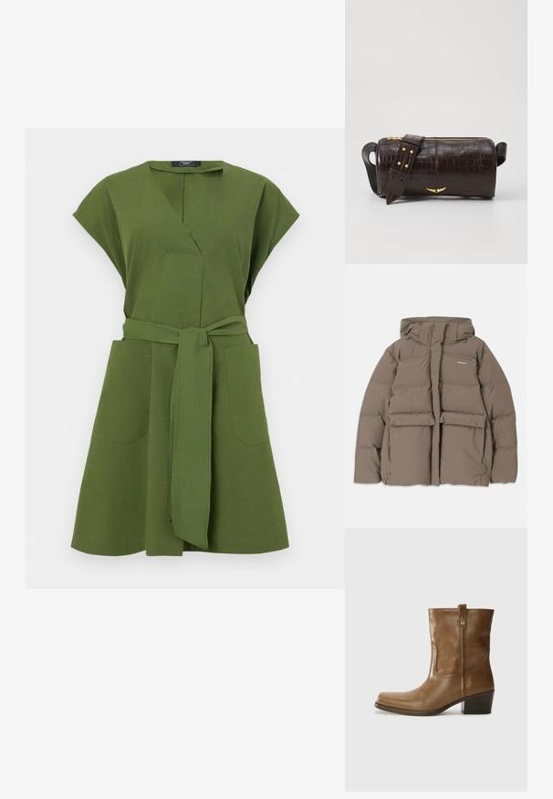 pruun puffer-jakk, millel on kapuuts, esi tõmblukk, kaks suurt eesmist taskut ja sile mati tekstuur. Brändi logo rinnal.; Õlivarjuline kleit lühikeste varrukatega, V-kaelusega, kahe esise Nerooga ja vööga, mis on seotud talje ümber. Valmistatud kergest kangast.; Pruun nahkne ankle boot ruudukujulise varbaga, tekstuuriga viimistluse ja madala virnastatud kontsaga. Sisaldab taga tõmbeaasat ja peeneid õmbluse detaile.; Pruunist krokodillimustrist nahast kott, millel on silindri kuju, kuldse tooni metalldetailid ja eemaldatav rihm, kus on nupud.