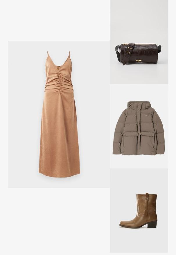 Veste en duvet marron avec capuche, dotée d'une fermeture éclair sur le devant, de deux grandes poches avant et d'une texture mate lisse. Logo de la marque sur la poitrine.; Robe maxi sans manches marron avec un décolleté en V et des détails froncés sur les côtés. Texture lisse avec un motif subtil, tombe jusqu'aux chevilles.; Bottine en cuir marron avec un orteil carré, une finition texturée et un petit talon empilé. Présente une languette à l'arrière et des détails de couture subtils.; Sac en cuir embossé crocodile marron avec une forme cylindrique, quincaillerie dorée et une bandoulière détachable ornée de clous.
