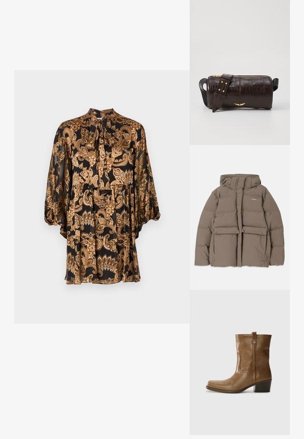Rjava pihasta jakna s kapuco, ki ima sprednji zadrgo, dva velika sprednja žepa in gladko mat teksturo. Blagovna znamka je na prsih.; Črna bluzica z zlatim vzorcem paisley, z zavezanjem okoli vratu, dolgimi rokavi in mehkimi, lahkimi tkaninami; tekoč dizajn s sproščenim krojem.; Rjave usnjene gležnjarje s kvadratnim nosom, teksturirano površino in nizko kvadratno peto. Imajo zadnji trak za enostavno obuvanje in subtilne šivane detajle.; Brah blaženka iz rjavega usnja z embosiranim krokodilom, cilindrične oblike, zlatih kovinskih elementov in odstranljivim pasom, ki vsebuje žebljičke.