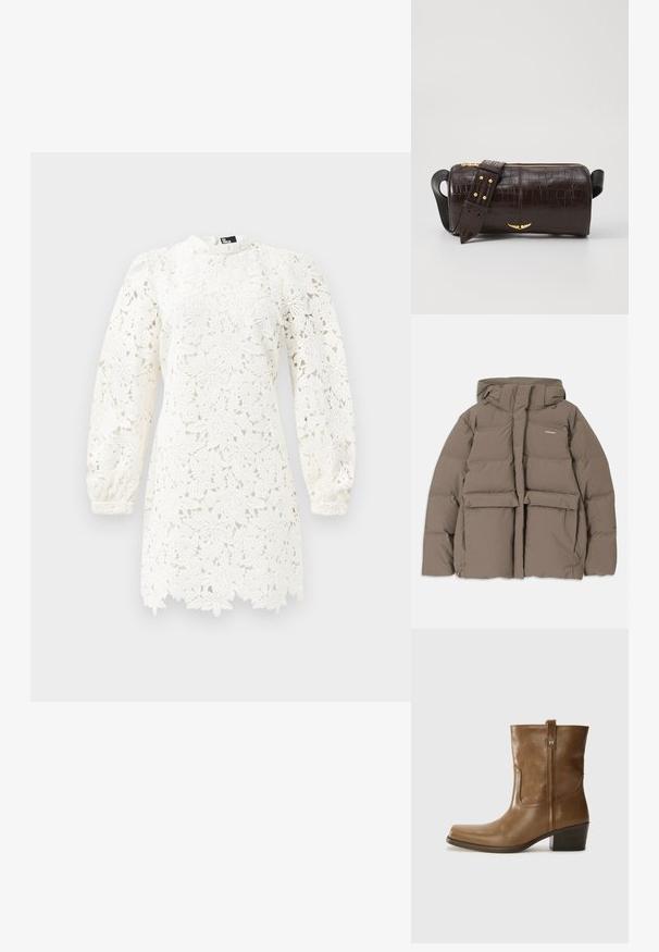 Brown puffer jacket with a hood, featuring a front zipper, two large front pockets, and a smooth matte texture. Brand logo on chest.; White lace dress featuring floral patterns, long puff sleeves, a high neckline, and a scalloped hem for added detail.; Brown leather ankle boot with a square toe, textured finish, and a low stacked heel. Features a rear pull tab and subtle stitching details.; Brown crocodile-embossed leather bag with a cylindrical shape, gold-tone hardware, and a detachable strap featuring studs.