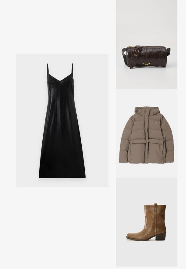 pruun puffer-jakk, millel on kapuuts, esi tõmblukk, kaks suurt eesmist taskut ja sile mati tekstuur. Brändi logo rinnal.; Mustikas ilma varrukat, kerge läikega, V-kujulise kaeluse ja minimalistliku disainiga. Valmistatud siledast, struktureeritud kangast, langeb lõdvalt.; Pruun nahkne ankle boot ruudukujulise varbaga, tekstuuriga viimistluse ja madala virnastatud kontsaga. Sisaldab taga tõmbeaasat ja peeneid õmbluse detaile.; Pruunist krokodillimustrist nahast kott, millel on silindri kuju, kuldse tooni metalldetailid ja eemaldatav rihm, kus on nupud.