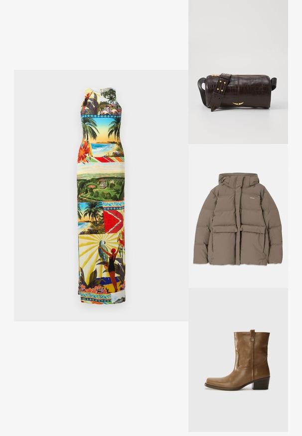 Brun puffjacka med huva, med dragkedja framtill, två stora frontfickor och en slät matt yta. Varumärkeslogotyp på bröstet.; Maxiklänning med ett livligt grafiskt tryck av tropiska landskap, fåglar och blommor; ärmlös design med rund halsringning, i flera färger.; Brun läderankelsk boot med fyrkantig tå, texturerad yta och låg staplad klack. Har en bakre dragflik och subtila sömnadsdetaljer.; Brun kroko präglat läderväska med cylindrisk form, guldfärgad hårdvara och ett avtagbart band med nitar.