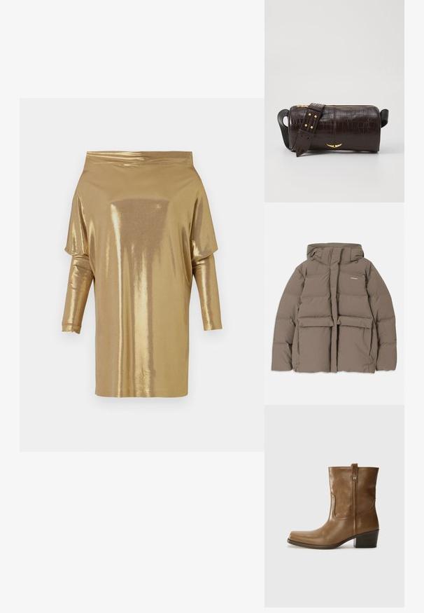 Brūna pūkainā jaka ar kapuci, ar priekšējo rāvējslēdzēju, divām lielām priekšējām kabatām un gludu matētu tekstūru. Zīmola logo uz krūškurvja.; Zelta, plecus atklājoša blūze, izgatavota no spīdīga metāla auduma. Raksturīgas garas piedurknes un brīvs griezums, bez redzamām rakstu vai metāla daļām.; Brūnas ādas potītes zābaki ar kvadrātveida degunu, struktūru apdari un zemu sakrautu papēdi. Ir aizmugurējais cilpiņu un smalkas šūšanas detaļas.; Brūna krokodila ādas soma ar cilindrisku formu, zelta toni aparatūru un noņemamu siksnu ar studiem.