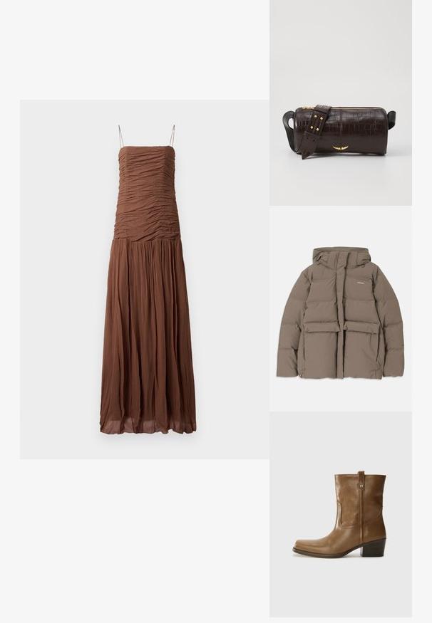 Giacca a vento marrone con cappuccio, dotata di una cerniera frontale, due grandi tasche anteriori e una texture opaca liscia. Logo del brand sul petto.; Abito maxi marrone realizzato in tessuto testurizzato. Presenta un corpetto arricciato e una gonna fluida, con spalline sottili regolabili e scollatura dritta.; Stivale alla caviglia in pelle marrone con punta quadrata, finitura testurizzata e tacco basso incassato. Dotato di un pratico tassello posteriore e dettagli di cucitura sottili.; Borsa in pelle stampata a coccodrillo marrone con forma cilindrica, accessori in tonalità oro e una tracolla staccabile con borchie.