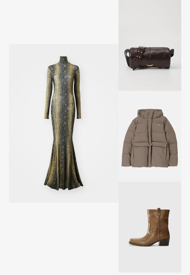 Brun oppustelig jakke med hætte, der har en frontlynlås, to store frontlommer og en glat, mat tekstur. Brandlogo på brystet.; Norma Kamali LONG SLEEVE TURTLE FISHTAIL GOWN - Jerseykjole - brown; Brun læder ankelstøvle med firkantet tå, tekstureret overflade og en lav stablet hæl. Har en bageste hælflap og subtile syningsdetaljer.; Brun krokodilleder taske med cylindrisk form, hardware i guld-tone, og en aftagelig rem med nitter.