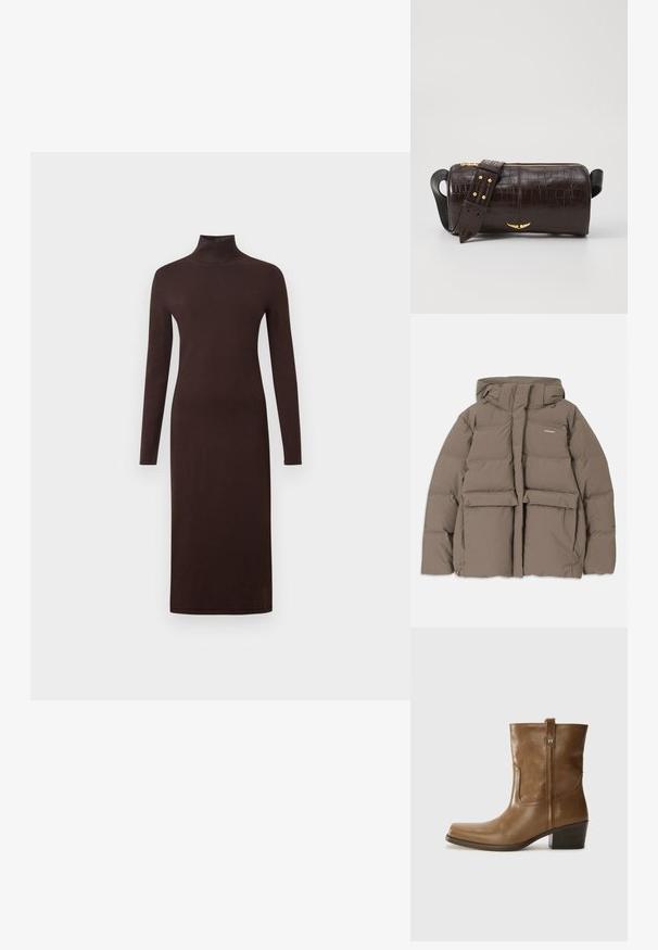 Veste en duvet marron avec capuche, dotée d'une fermeture éclair sur le devant, de deux grandes poches avant et d'une texture mate lisse. Logo de la marque sur la poitrine.; Robe à manches longues et col roulé en brun foncé, design ajusté, texture douce, longueur genoux, avec une finition lisse et sans motifs visibles.; Bottine en cuir marron avec un orteil carré, une finition texturée et un petit talon empilé. Présente une languette à l'arrière et des détails de couture subtils.; Sac en cuir embossé crocodile marron avec une forme cylindrique, quincaillerie dorée et une bandoulière détachable ornée de clous.