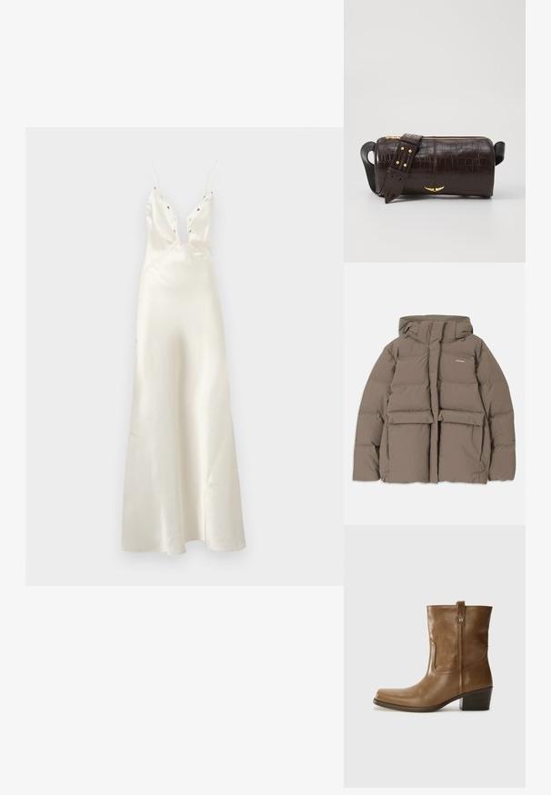 pruun puffer-jakk, millel on kapuuts, esi tõmblukk, kaks suurt eesmist taskut ja sile mati tekstuur. Brändi logo rinnal.; Satiinist värvitud elevandiluust kleit sügava V-kaeluse, õhukeste rihmade ja lillelise tikandiga. Omab voolavat seelikut ja vormitud rinda.; Pruun nahkne ankle boot ruudukujulise varbaga, tekstuuriga viimistluse ja madala virnastatud kontsaga. Sisaldab taga tõmbeaasat ja peeneid õmbluse detaile.; Pruunist krokodillimustrist nahast kott, millel on silindri kuju, kuldse tooni metalldetailid ja eemaldatav rihm, kus on nupud.