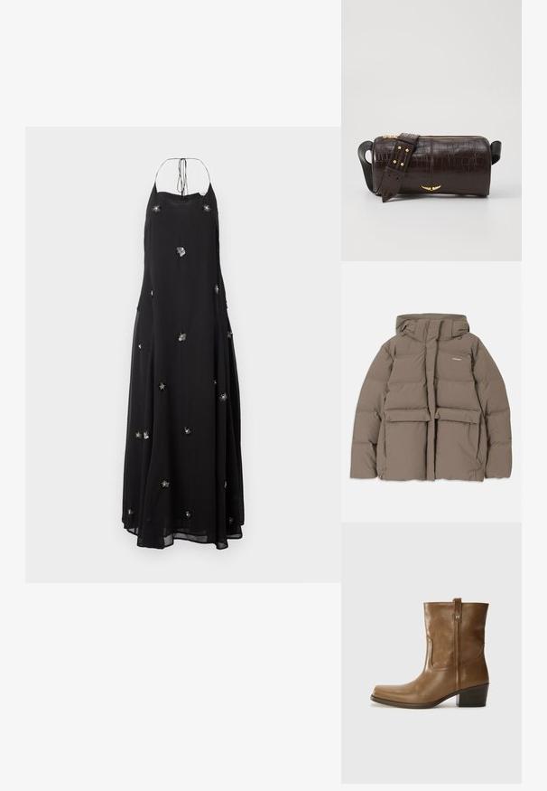 Brun puffjacka med huva, med dragkedja framtill, två stora frontfickor och en slät matt yta. Varumärkeslogotyp på bröstet.; Svart, flödande maxiklänning i lätt tyg. Har blommiga dekorationer och design med halterneck och justerbara band.; Brun läderankelsk boot med fyrkantig tå, texturerad yta och låg staplad klack. Har en bakre dragflik och subtila sömnadsdetaljer.; Brun kroko präglat läderväska med cylindrisk form, guldfärgad hårdvara och ett avtagbart band med nitar.