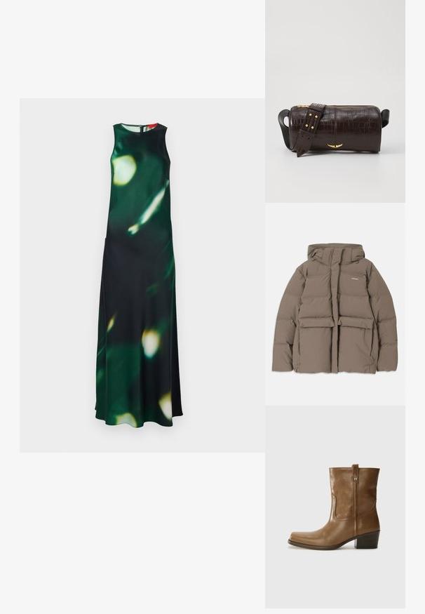 Veste en duvet marron avec capuche, dotée d'une fermeture éclair sur le devant, de deux grandes poches avant et d'une texture mate lisse. Logo de la marque sur la poitrine.; Robe maxi en tissu vert foncé avec un motif flou clair. Présente un col haut, un design sans manches et une fente latérale, fermée par une fermeture éclair au dos.; Bottine en cuir marron avec un orteil carré, une finition texturée et un petit talon empilé. Présente une languette à l'arrière et des détails de couture subtils.; Sac en cuir embossé crocodile marron avec une forme cylindrique, quincaillerie dorée et une bandoulière détachable ornée de clous.